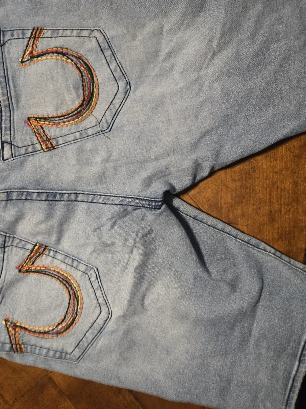 True Religion Light Blue Jean Shorts with Multicolor Back Stitching